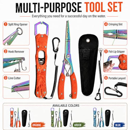 YINEE Fishing Pliers and Fish Lip Gripper Set, Stainless Steel Fishing Gear, Saltwater Hook Remover Split Ring Tool - color: Orange-Fishing Pliers&Fish Lip Grippe