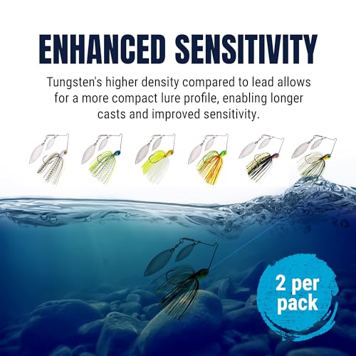 Reaction Tackle Tungsten Double Willow Spinnerbait, Compact Profile Bass Fishing Lure with Flash and Vibration for Largemouth and Smallmouth Bass (2-Pack) - color: Tennessee Shad, size: 3/8 Oz
