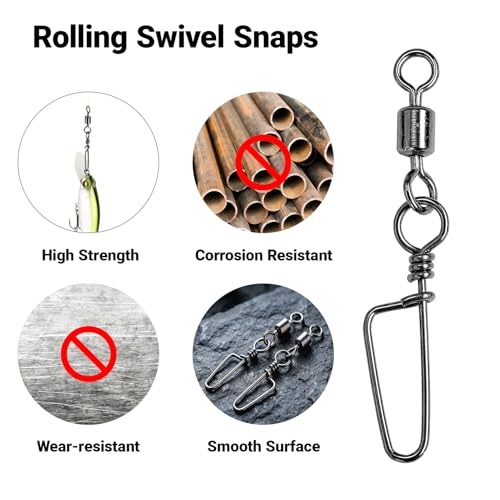 AMYSPORTS High Strength Fishing Snaps Freshwater Barrel Rolling Snap Swivels Steel Lure Connector Fishing Swivel Stainless Black Nickel - size: Size5 (41lb) 50 pcs
