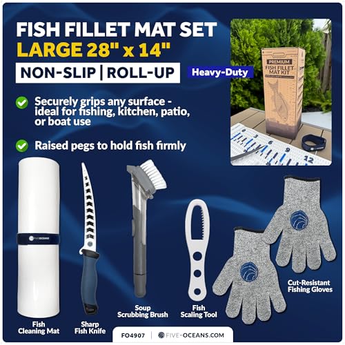 Five Oceans Nonslip Fish Fillet Mat Kit 28" x 14", White - Complete Fish Cleaning Set with Knife, Cut-Resistant Gloves, Fish Scaling Tool & Scrubbing Brush for Home Kitchen, Patio & Outdoor - FO4907 - color: Fish Fillet Mat Kit