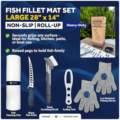 Five Oceans Nonslip Fish Fillet Mat Kit 28" x 14", White - Complete Fish Cleaning Set with Knife, Cut-Resistant Gloves, Fish Scaling Tool & Scrubbing Brush for Home Kitchen, Patio & Outdoor - FO4907 - color: Fish Fillet Mat Kit