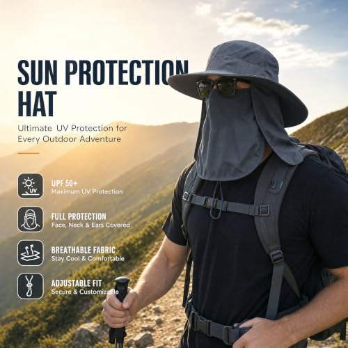 Sun Hat Bucket Hats for Men Women,Outdoor Wide Brim Fishing Hat with Detachable Face Cover & Neck Flap UV Protection - color: Khaki-1