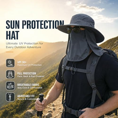 Sun Hat Bucket Hats for Men Women,Outdoor Wide Brim Fishing Hat with Detachable Face Cover & Neck Flap UV Protection - color: Lightgrey-1