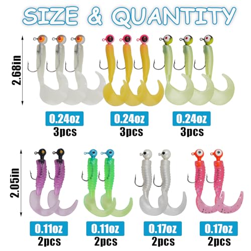 Soft Fishing Lures Jig Head Hooks Kit, 17pcs Crappie Jigs Soft Plastic Grub Tail Worm Lures Tackle for Bass Trout Saltwater Freshwater Fishing Mixed Color