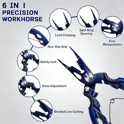7.5" 420 Stainless Steel Fishing Pliers - Uni-Body Construction, Lightweight Corrosion-Resistant Fishing Tool with Multi-Function Jaws, Braid Cutters, Sheath, Lanyard & Carabiner (blue) - color: Blue