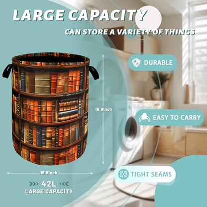 Retro Wooden Bookshelf Pattern Laundry Hamper Books Laundry Basket With Handles Foldable Oxford Cloth Funny Tote Bag Clothes Toy Storage Bucket 18.9"x16.5" For Bathroom/Laundry/Bedroom - color: Retro Wooden Bookshelf