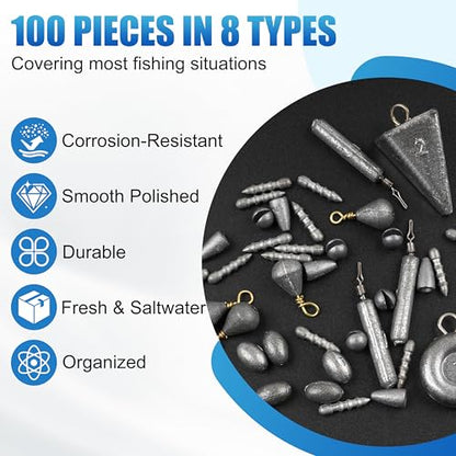 Fishing Weights Sinkers Kit, 100pcs Fishing Sinkers Assortment Includes Bullet Sinkers Disc Pyramid Weights Drop Shot Weight Split Shot Egg Sinkers for Saltwater Freshwater with Tackle Box