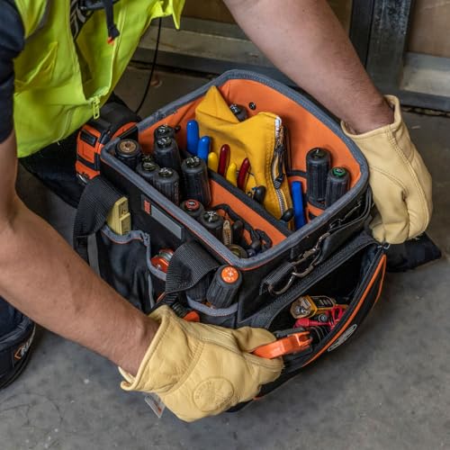 Klein Tools 5541610-14 Tool Bag with Shoulder Strap Has 40 Pockets for Tool Storage and Orange Interior - size: 10-Inch Tote