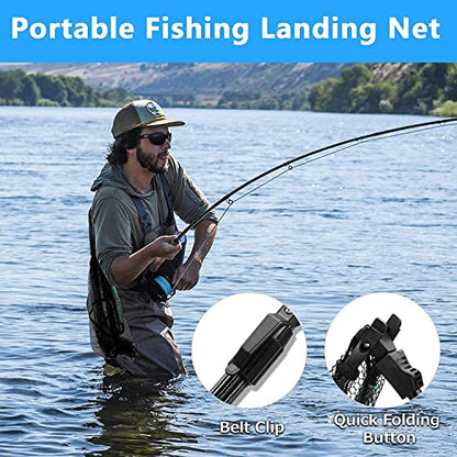 KOMCLUB 98in Black Floating Landing Net, Folding Telescoping Fishing Net‌ | Coated Handle for Easy Catch & Release, Works for Kids, Saltwater & Freshwater Fishing Use
