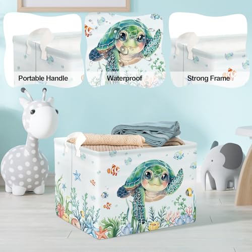 Clastyle Large Fish Sea Turtle Baby Basket Ocean Coral Seaweed Starfish Toy Book Shelf Basket Waterproof Pool Toy Beach Towel Storage Bin Collapsible Dirty Clothes Hamper, Blue, 40 * 30 * 30 cm - size: 40*30*30 cm