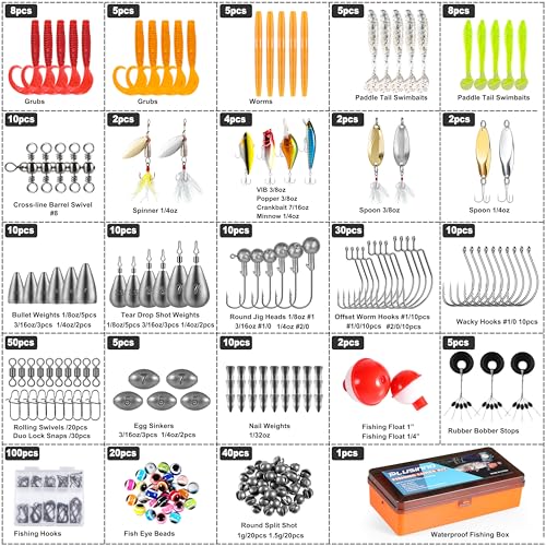 PLUSINNO 353/404 PCS Fishing Lures, Upgrade Fishing Tackle Box with Tackle Included, Crankbaits, Hooks, Weights, Other Accessories, Fishing Lure Bait Gear Equipment Kit Gift for Men Freshwater Bass - color: 353 Pcs Fishing Tackle Kit