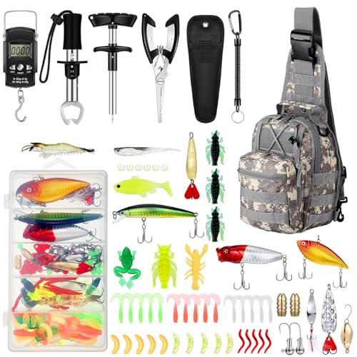 Sosation 134 Pcs Fishing Tool Fishing Tackle Box Kit and Equipment for Adults Beginner Gift, Hook Remover, Pliers Kit, Backpack Tackle Container Lures, Lip Gripper, Weigh Scale - color: Digital Pattern