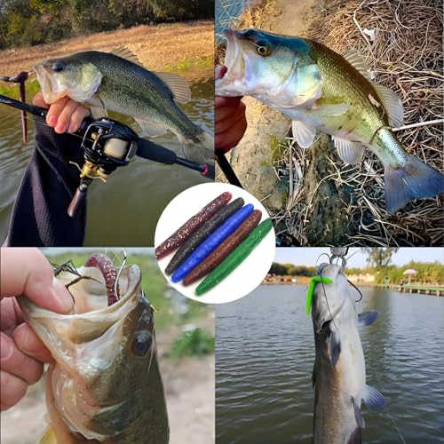 Senko Bait Soft Plastic Lures 20pcs - 4inch Wacky Rig Worms for Bass Fishing, 5-Color Mix Soft Stick Baits for Wacky & Carolina Rig Fishing