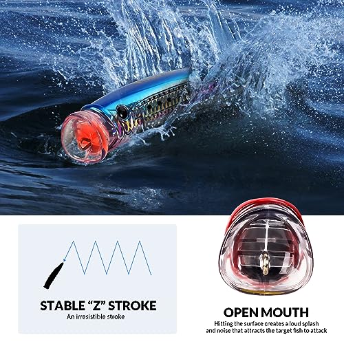 THKFISH Popper Lures Saltwater Tuna Popper Topwater Fishing Lures for Surf Fishing Bass with 3D Eyes for GT Tuna Large Fish 5.9in 1pc/3pcs - color: 3PCS-BLUE-RED-BLACK