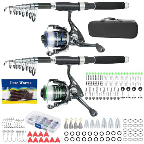 Fishing Pole Combo,2PCS 6.89ft Carbon Fiber Fishing Rods,Spinning Reels 170Pcs Worm Lure Kit Texas-Rigs-for-Bass Carrier Bag for Travel Freshwater