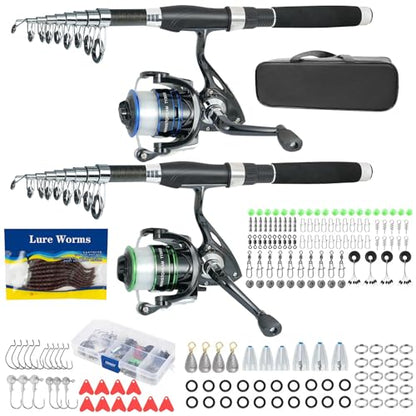 Fishing Pole Combo,2PCS 6.89ft Carbon Fiber Fishing Rods,Spinning Reels 170Pcs Worm Lure Kit Texas-Rigs-for-Bass Carrier Bag for Travel Freshwater