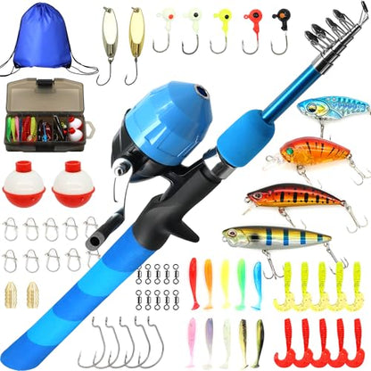 Kilitn Kids Fishing Pole Kit, Easy Fishing Telescopic Casting Rod and Spincast Reel Combos Full Set with Tackle and Travel Bag, for Boys, Girls, Youth, Starter - color: Blue Striped