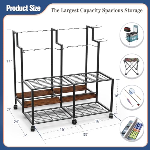 Miratino Fishing Rod Holders for Garage, 24 Rod Fishing Pole Rack Cart with Wheels, Fishing Rod Storage Organizer with Shelves, Rolling Tackle Storage Rack for Fishing Gear, Garage Basement Shed