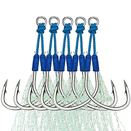 THKFISH Fishing Assist Hooks Saltwater Dancing Stinger Jigging Hooks Double Assist Replacement Fishing Hooks for Slow Pitch Jigs Vertical Jigging Lures 5pcs/15pcs/20pcs - color: blue, size: #2/0-5pcs