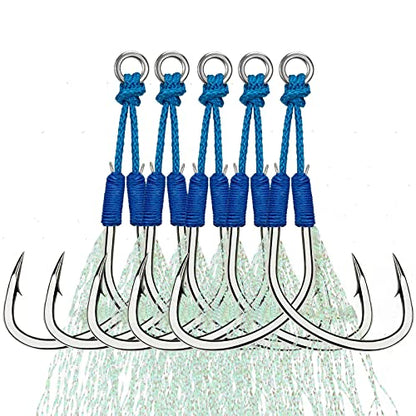 THKFISH Fishing Assist Hooks Saltwater Dancing Stinger Jigging Hooks Double Assist Replacement Fishing Hooks for Slow Pitch Jigs Vertical Jigging Lures 5pcs/15pcs/20pcs - color: blue, size: #4/0-5pcs