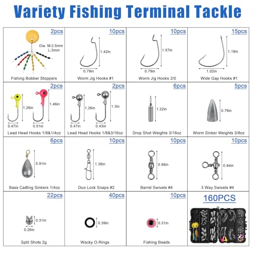 Fishing Accessories Fishing Tackle Box with Tackle Included, Fishing Hooks Bobbers Swivels Sinker Weights Fishing Gear Set Equipment for Bass Trout - style: 160pcs Kit