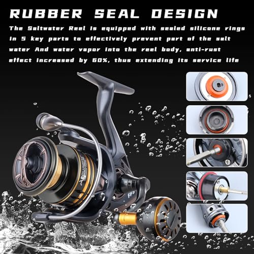 Saltwater Spinning Reel,13+1BB Ultra Smooth Saltwater Fishing Reels,Powerful Carbon Drag,CNC Aluminum Spool & Handle - color: tarnish&gold, size: 3000