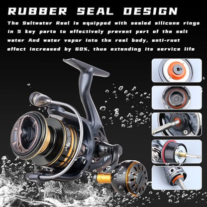 Saltwater Spinning Reel,13+1BB Ultra Smooth Saltwater Fishing Reels,Powerful Carbon Drag,CNC Aluminum Spool & Handle - color: tarnish&gold, size: 3000