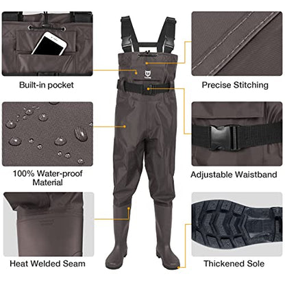 TIDEWE Bootfoot Chest Wader, 2-Ply Nylon/PVC Waterproof Fishing Hunting Waders with Boot Hanger for Men Women Green Brown - color: Brown, size: M7/W9