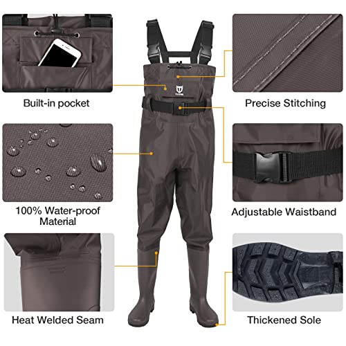 TIDEWE Bootfoot Chest Wader, 2-Ply Nylon/PVC Waterproof Fishing Hunting Waders with Boot Hanger for Men Women Green Brown - color: Brown, size: M9/W11