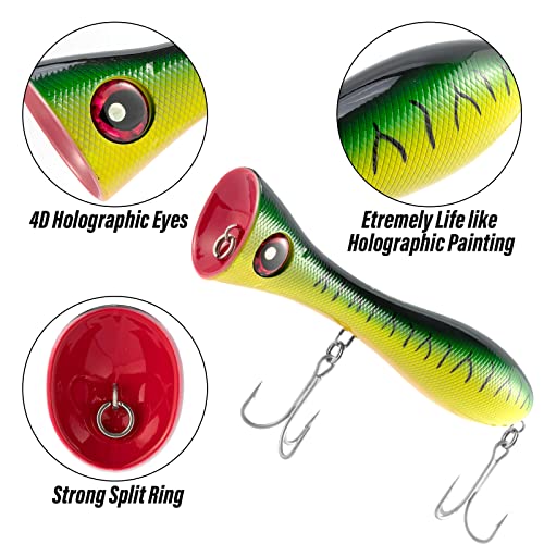 Dr.Fish Popper Saltwater Fishing Lures, 8 Inches GT Popper VMC Treble Hooks Surf Fishing Lures for Striper Tuna Barracuda Mackerel Snapper Bluefish Pencil Plugs Offshore - color: Green Yellow(Black Stripes, 8", 1 Pack)