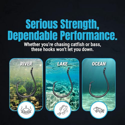 Reaction Tackle Heavy Wire Catfish Hooks - High Carbon Steel for Channel, Blue and Flathead Catfish - Sharp Offset Point, Freshwater and Saltwater Fishing (25-Pack) - size: #4/0