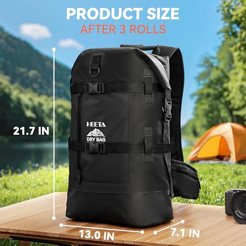 HEETA Dry Bags Waterproof Backpack 40L for Men & Women, Roll Top Heavy Duty Cushioned Hiking Backpack for Kayaking Boating Paddle Boarding Fishing Travel Camping Beach Vacation Cruise Ship Essentials - color: Black