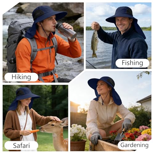 Sun Hat for Men Women with Neck Flap,UPF 50+ UV Protective Hiking Fishing Hats,Wide Brim Sun Hat for Women&Men - color: 1pack-navy