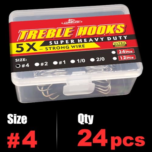 Fishing-Treble-Hooks-5X-Extra-Strong-Heavy-Duty Ultra Anti-Rust Bulk Hooks for Saltwater and Freshwater Fishing Sizes 5/0 to #8 - size: Size:4 24-Pack