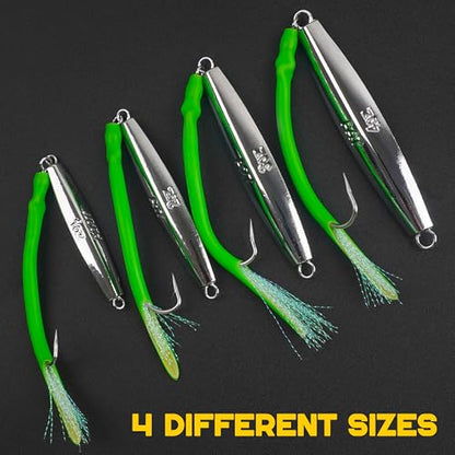 Diamond Jig Saltwater Fishing Lure, 2/3pcs Casting Jigging Spoons with Split Tube Tail Striped Bass Flat Metal Jig for Surf Fishing Bottom Sinking Bouncing Deep Sea Ocean 1-10oz - size: 2oz, style: 2pcs-green
