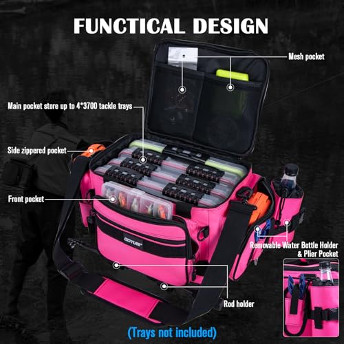 Goture Fishing Tackle Bag,Store Up to 4PCS 3700 Tackle Boxes(Not Included),600D Soft Side Water-Resistant Saltwater Gear Storage Fishing Bag with Rod Straps,Detachable Water Bottle Pouch,SBS Zippers - color: A3:Pink(Without Trays-17.72"x11.81"x9.45"), siz