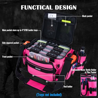 Goture Fishing Tackle Bag,Store Up to 4PCS 3700 Tackle Boxes(Not Included),600D Soft Side Water-Resistant Saltwater Gear Storage Fishing Bag with Rod Straps,Detachable Water Bottle Pouch,SBS Zippers - color: A3:Pink(Without Trays-17.72"x11.81"x9.45"), siz