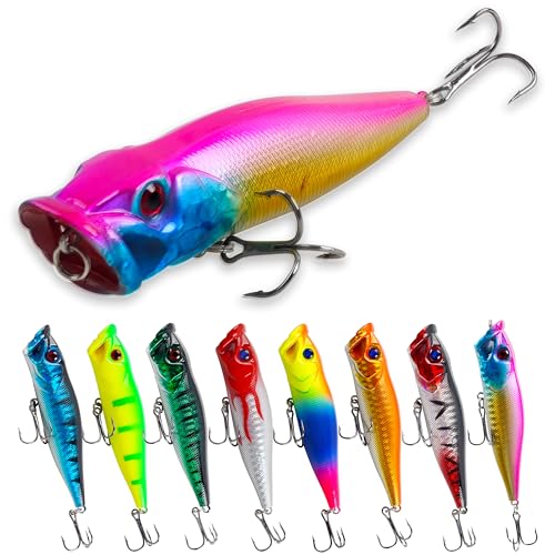 Fishing Lures Kit Crankbait Minnow Jerkbaits Popper Lures Shadllow Deep Diving Swimbaits Pencil Walleye Lures Artificial Hard Fishing Baits for Bass Trout Redfish Saltwater Freshwater - color: Popper Lures-8pcs