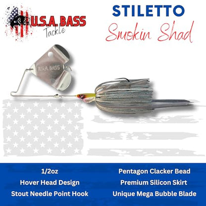 USA BASS Tackle Stiletto Buzzbait Largemouth Smallmouth Spotted Bass Premium Fishing Bait Hover Head Custom Silicon Skirt Mega Bubble Blade Clacker Heavy Duty Hook - color: Smokin Shad