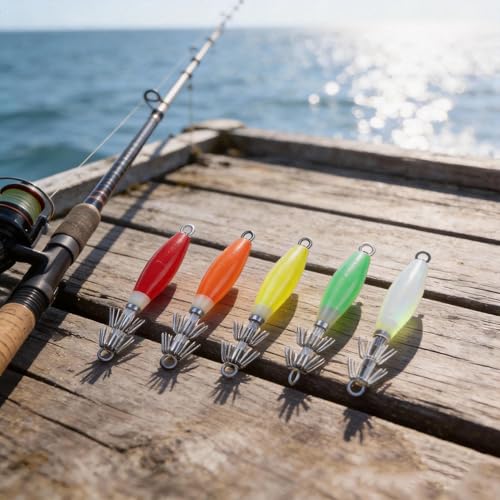 Glow Squid Jigs Kit, 10 Pcs-Maximize Your Night Catch with These High-Intensity Glowing Lures. Saltwater-Ready, Durable Hooks Included in a Convenient Tackle Box for Instant Fishing.