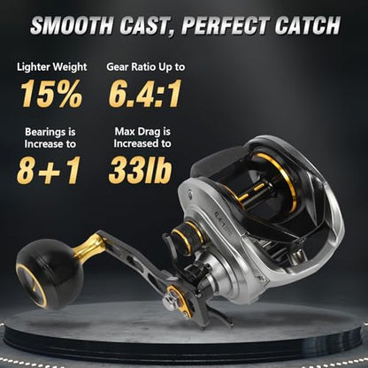 Baitcasting Reels 6.4:1 Gear Ratio 33LB Max Drag 8+1 Bearing | Baitcasting Fishing Reels Aviation-Aluminium Spool Aluminum Star-Shaped Trailer and Handle Arm Drag Alarm System - color: Silver-Right