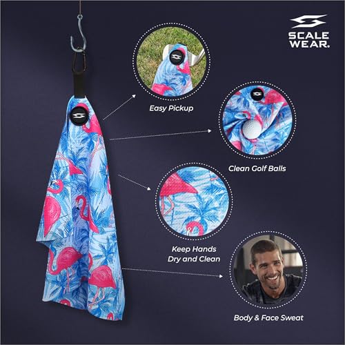 Magnetic Microfiber Waffle Golf Towel – Large 16"x24" Clean Golf Club Ball Magnet Clip to Hang on Bag Cart Strong Premium Strength Ultra Absorbent Gear Tropical Men (Large Flamingo Palms) - color: Large Flamingo Palms
