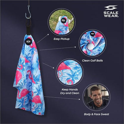 Magnetic Microfiber Waffle Golf Towel – Large 16"x24" Clean Golf Club Ball Magnet Clip to Hang on Bag Cart Strong Premium Strength Ultra Absorbent Gear Tropical Men (Large Flamingo Palms) - color: Large Flamingo Palms