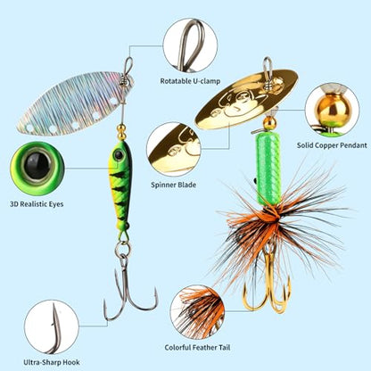 10Pcs Spinner Baits Rooster Tail Fishing Lure Kit for Bass Trout | 0.1-0.4oz 2-in-1 lure set freshwater saltwater | Spinning blade vibration flash | Solid brass sharp hooks | Bright feathers