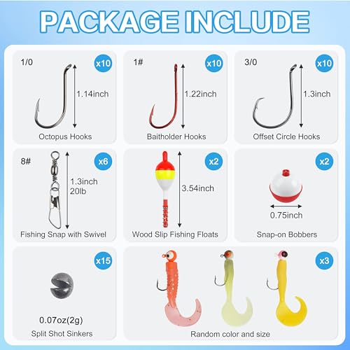 Fishing Tackle Kit Beginners, 58pcs Kids Tackle Box Starter Kit Includes Fishing Hooks Bobbers Sinkers Swivel Snaps Soft Lure Jig Heads Fishing Gifts for Men Equipment