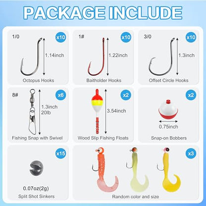 Fishing Tackle Kit Beginners, 58pcs Kids Tackle Box Starter Kit Includes Fishing Hooks Bobbers Sinkers Swivel Snaps Soft Lure Jig Heads Fishing Gifts for Men Equipment