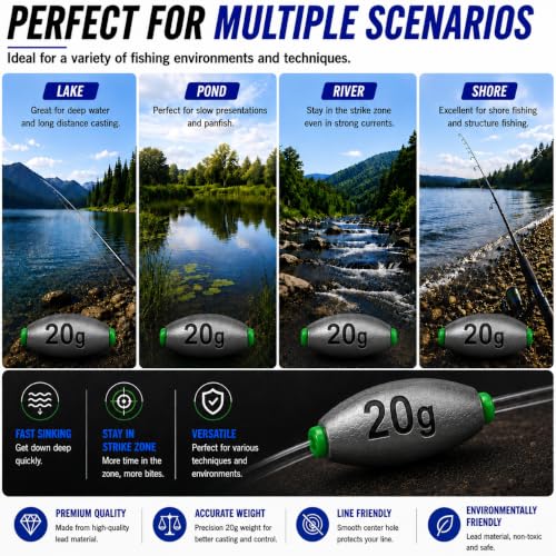 Egg Sinkers Fishing Weights, Oval Slip Sinkers Bullet Lead Fishing Weights for Freshwater Saltwater Tackle Set 1/8oz to 1oz - size: 3/4oz-20g-10pcs