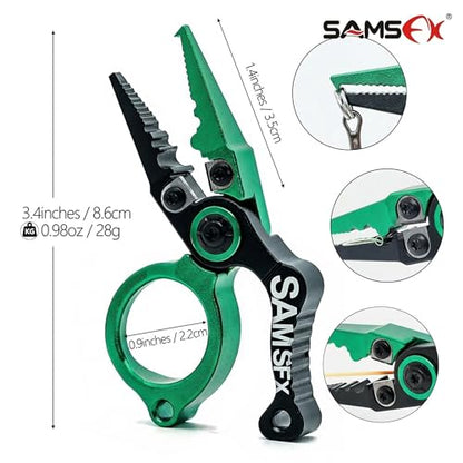 SAMSFX Mini Fishing Pliers with Fly Fishing Zinger Retractor, Fish Hook Remover Tool, Split Ring Pliers for Saltwater & Freshwater, Tungsten Carbide Cutters, Fishing Gear Gift for Anglers - color: Green