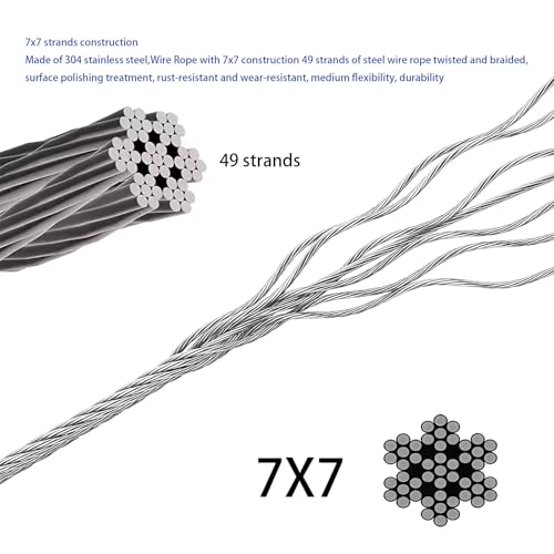 Wire Rope,Equipped with Crimping Pliers,1/16 Wire Rope, Aircraft Cable,304 Stainless Steel Cable,7x7 Strand Core 196FT,368lbs Breaking Strength - size: 1/16 inch 196FT