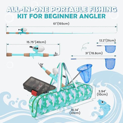 Kids Fishing Pole, Portable Telescopic Kids Fishing Poles for Boys Girls Youth, Fishing Rod and Reel Combo - color: Mint Blue